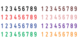 image of lines of number digits, 1 thru 9, in ink colors black, red, blue, green, brown, pink, purple, and orange